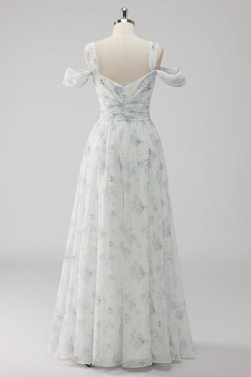 Floral blanc épaule froide une robe d’invité de mariage ligne avec fente
